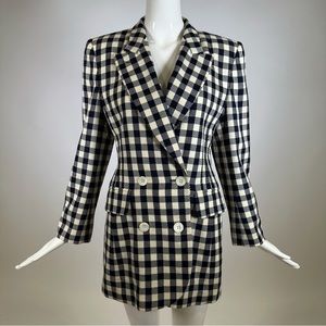 80’s Laurel Blazer Dress Long Sleeve Double Breasted Checkered Navy Blue Size 38